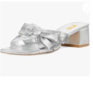 FYS Silver Square Open Toe Mule Block Low Heel Sandal Slip on Double Bow Slipper